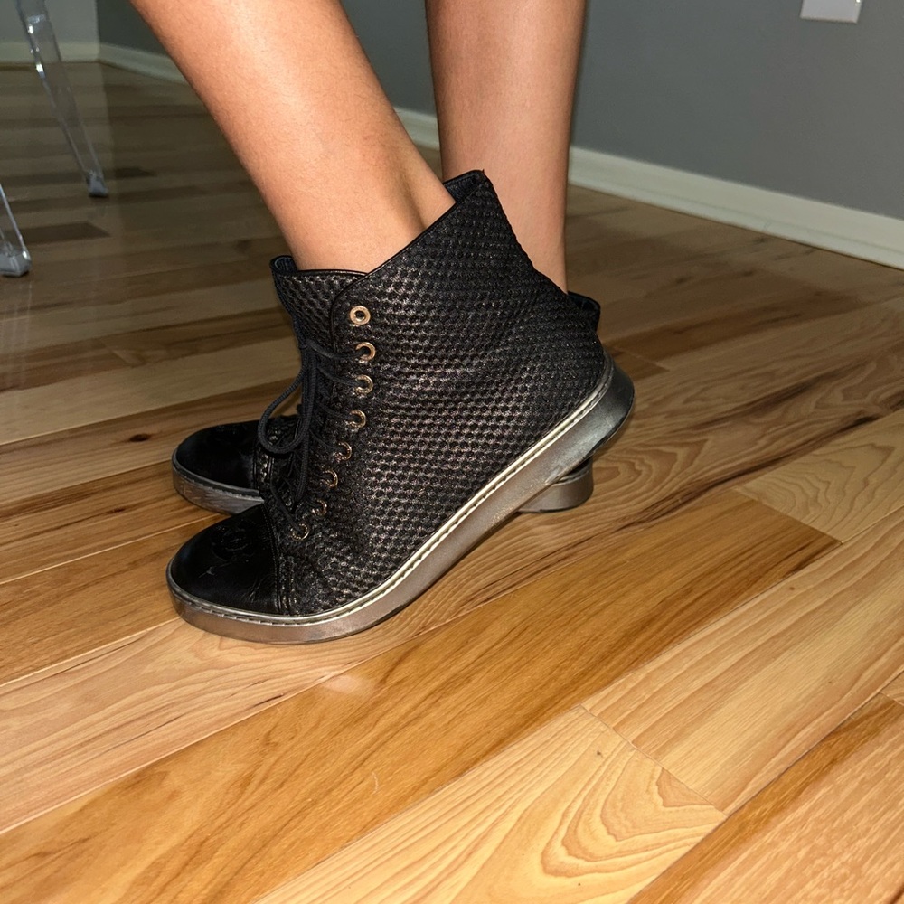 CHANEL Black Woven High-Top Sneakers with Metallic Sole
